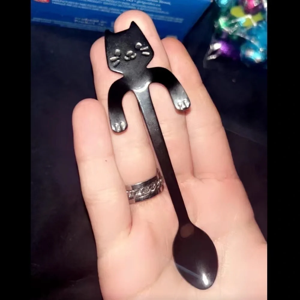 Cat Spoons Tea Spoons Stirrers Cup Hugging Kitty Cats Stainless Black 2 PC Set